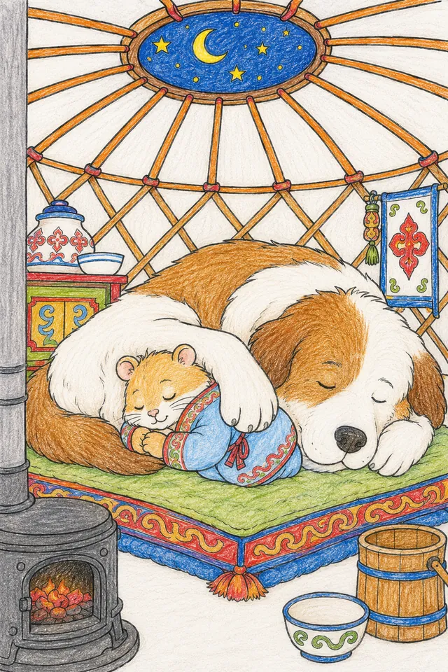Ausmalbild: Kleines Kind schläft in der Jurte tief und fest neben einem großen treuen Hund