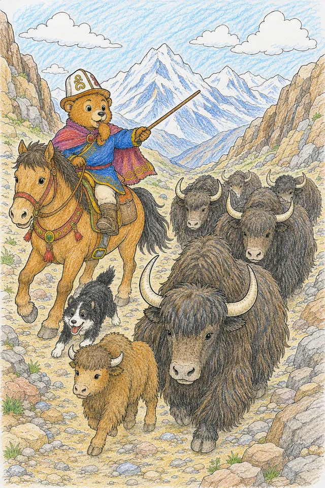 Ausmalbild: Kirgisischer Hirte auf Bergpferd treibt zottige Yaks mit riesigen Hörnern über Bergpass