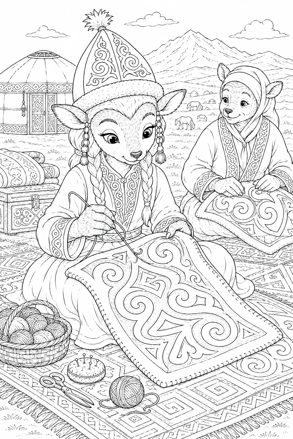 Ausmalbild: Junges Mädchen näht mit bunten Fäden traditionelle Spiralmuster in einen Filzteppich