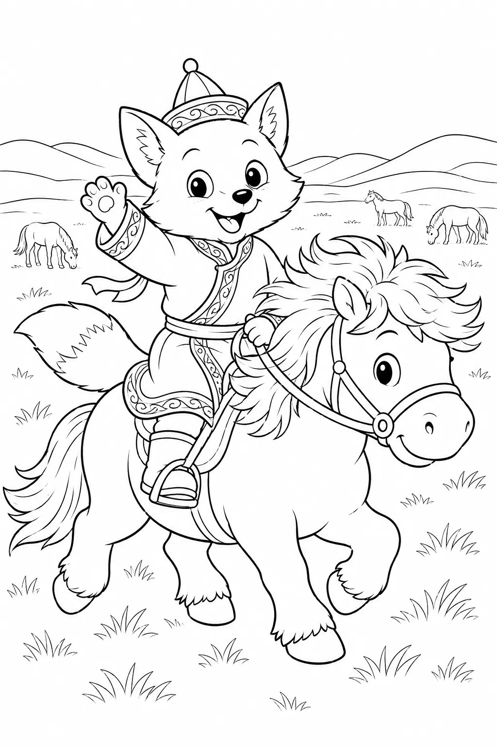 Ausmalbild: Kleines Kind im bunten Deel-Mantel reitet auf einem kleinen Mongolenpferd durch die Steppe