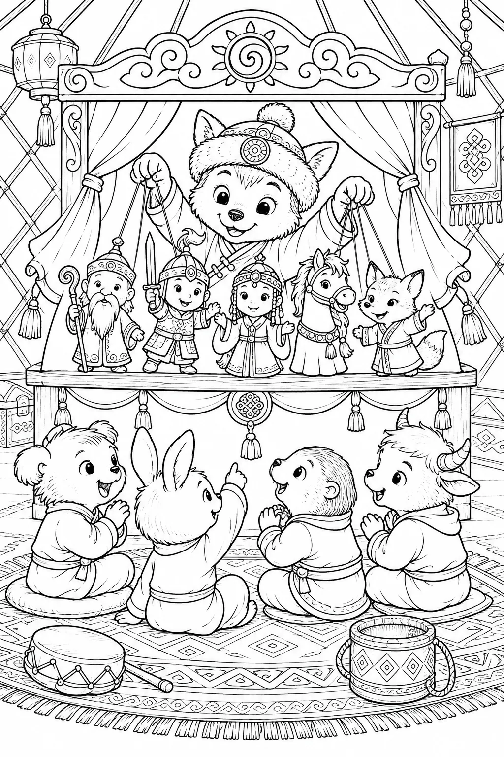 Ausmalbild: Puppenspieler zeigt Handpuppen-Theater vor begeisterten Kindern in einer Jurte