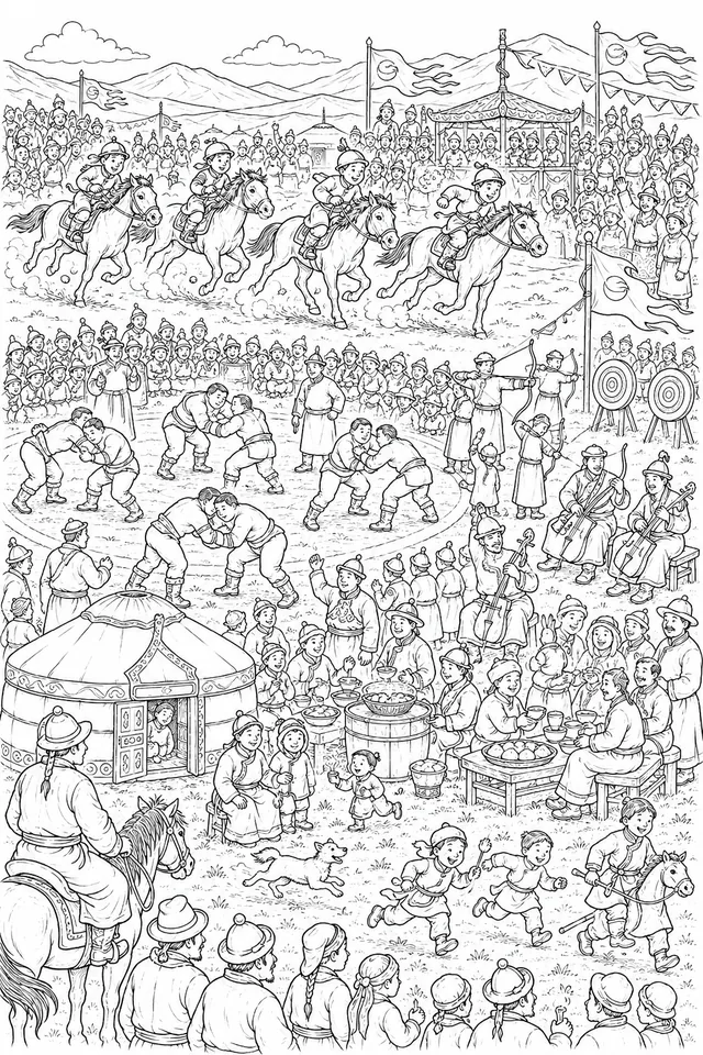 Naadam-Fest-Wimmelbild mit Pferderennen