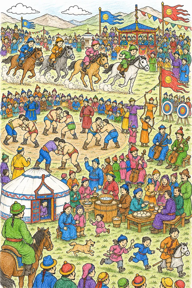 Ausmalbild: Belebtes Naadam-Fest mit galoppierenden Pferden, Ringkämpfern und Bogenschützen