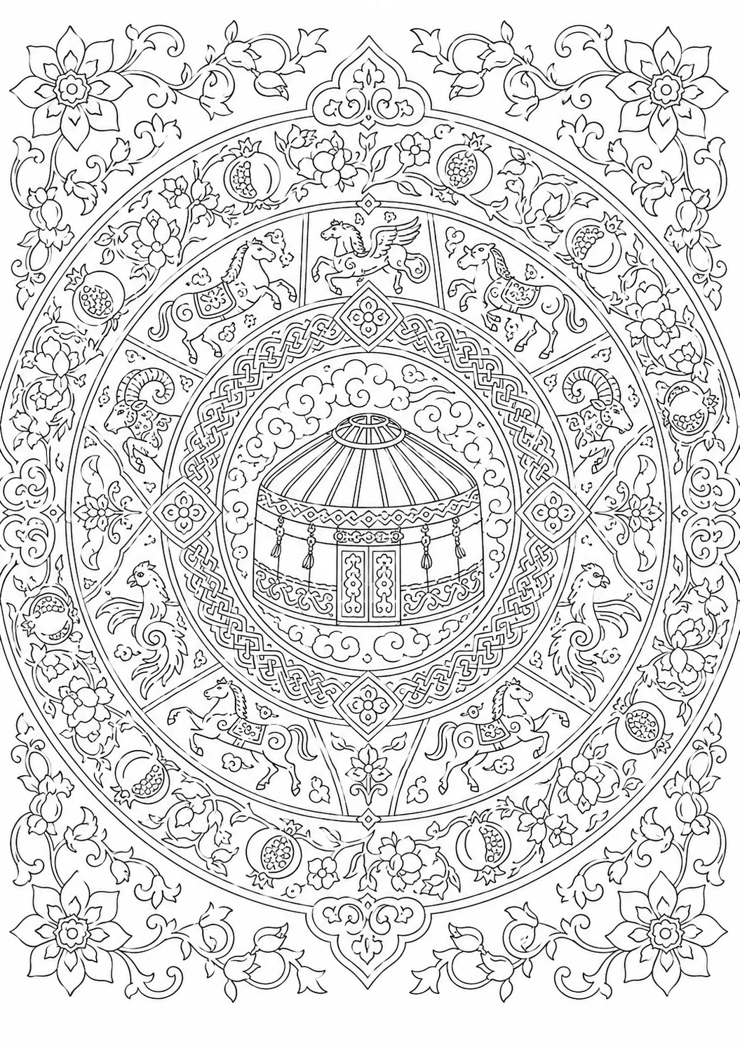 Ausmalbild: Kreisförmiges Mandala mit zentralasiatischen Tiermotiven, Ornamenten und Blumenranken