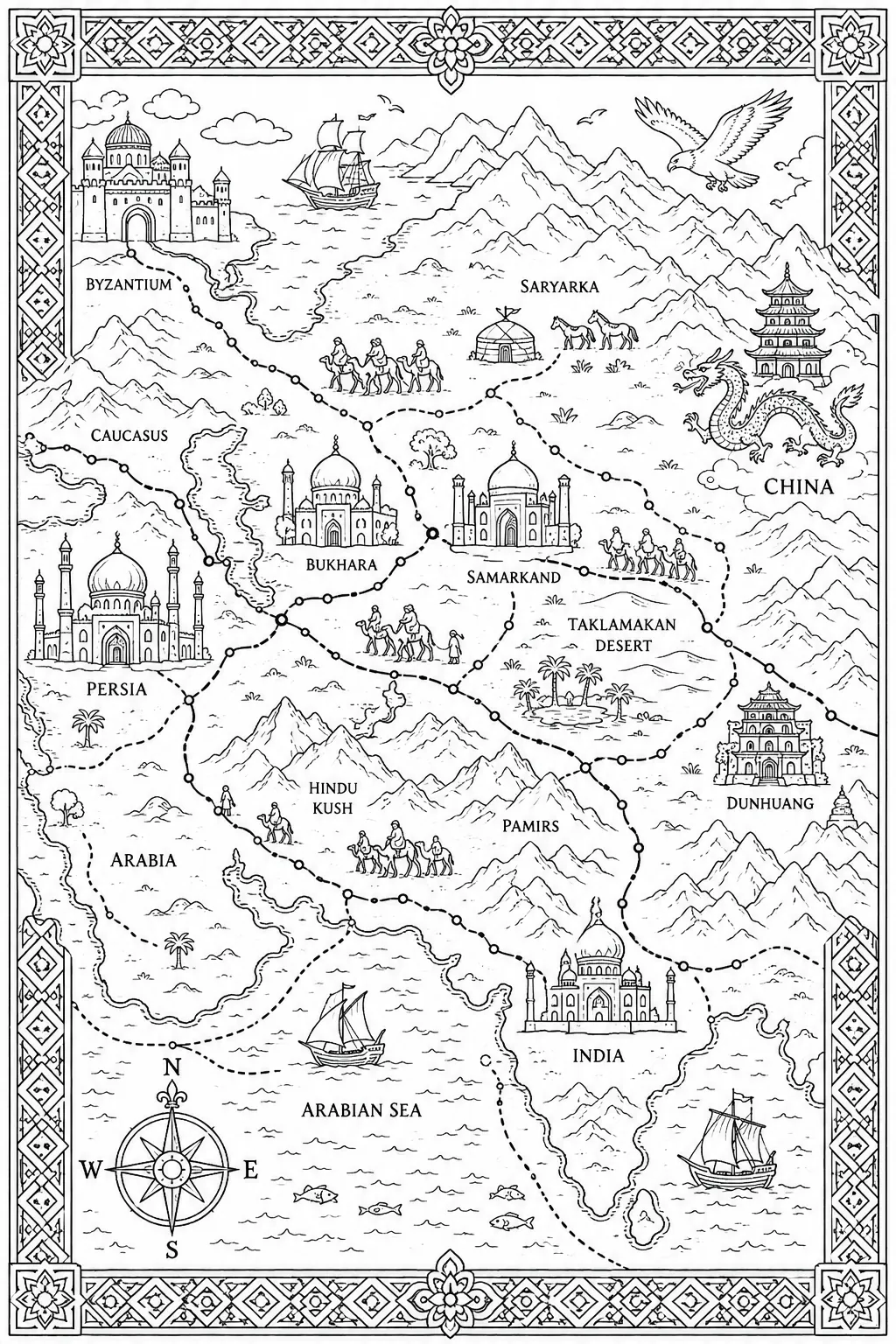 Coloring page: historical Silk Road map with camel caravans, cities and decorative border