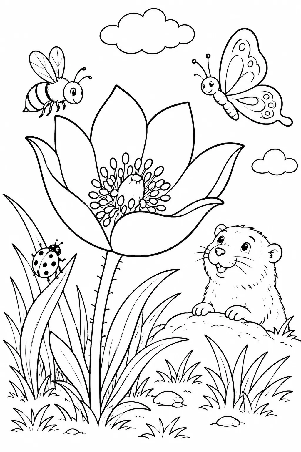 Ausmalbild: Leuchtend rote Steppenblume in Nahaufnahme mit Biene, Marienkäfer und Schmetterling