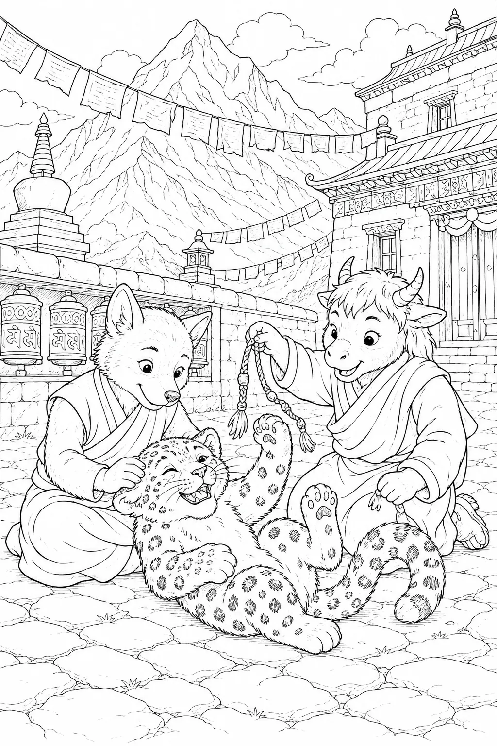 涂色页：两位穿红色僧袍的佛教僧侣在寺院庭院里与雪豹玩耍