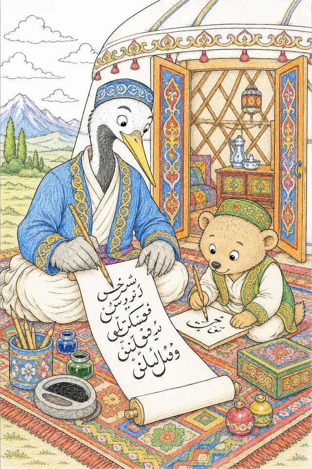 涂色页：老书法家坐在蒙古包入口处，在纸卷上书写优雅的文字