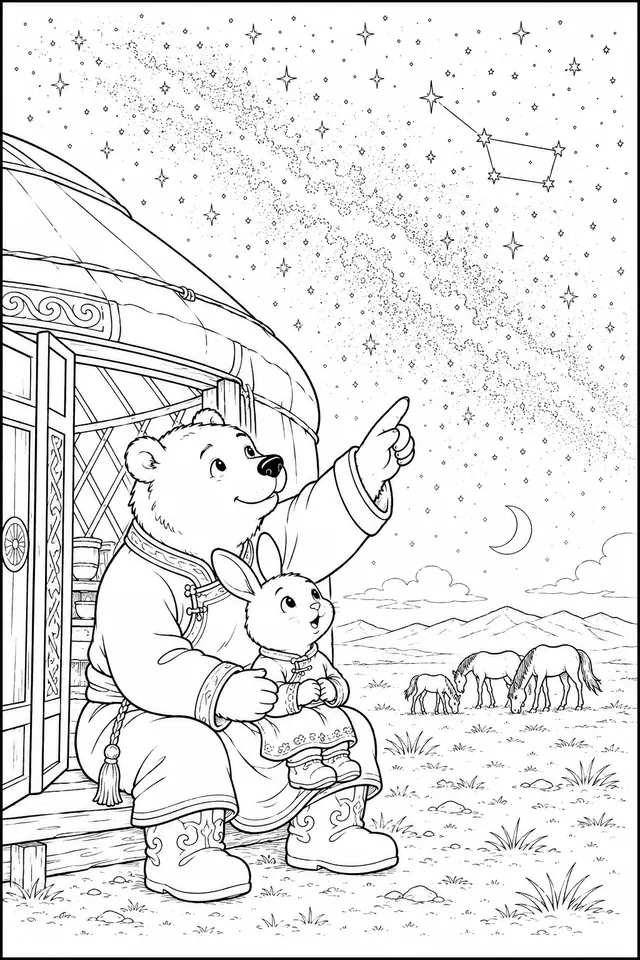 Mongolian Father Showing Stars from the Yurt Entrance
