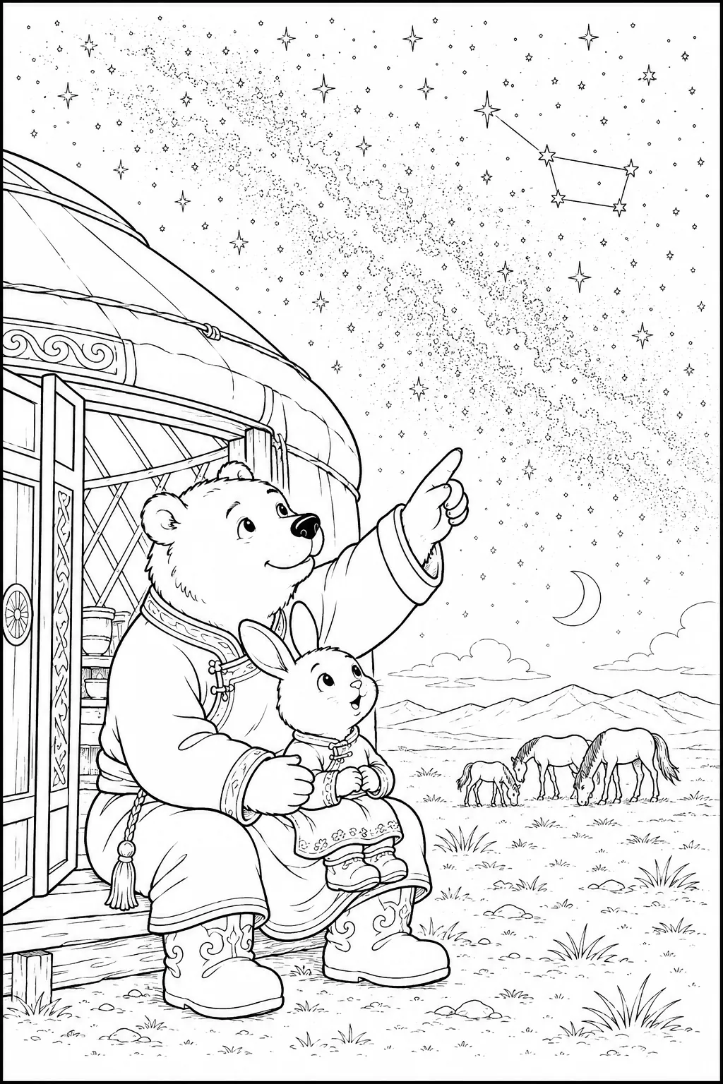Ausmalbild: Vater und Kind sitzen am Jurtendurchgang und schauen auf einen Sternenhimmel voller Milchstraße