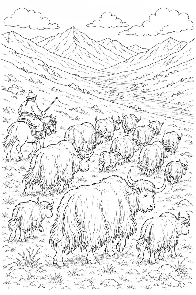 Yak-Herde wandert zum Weideplatz