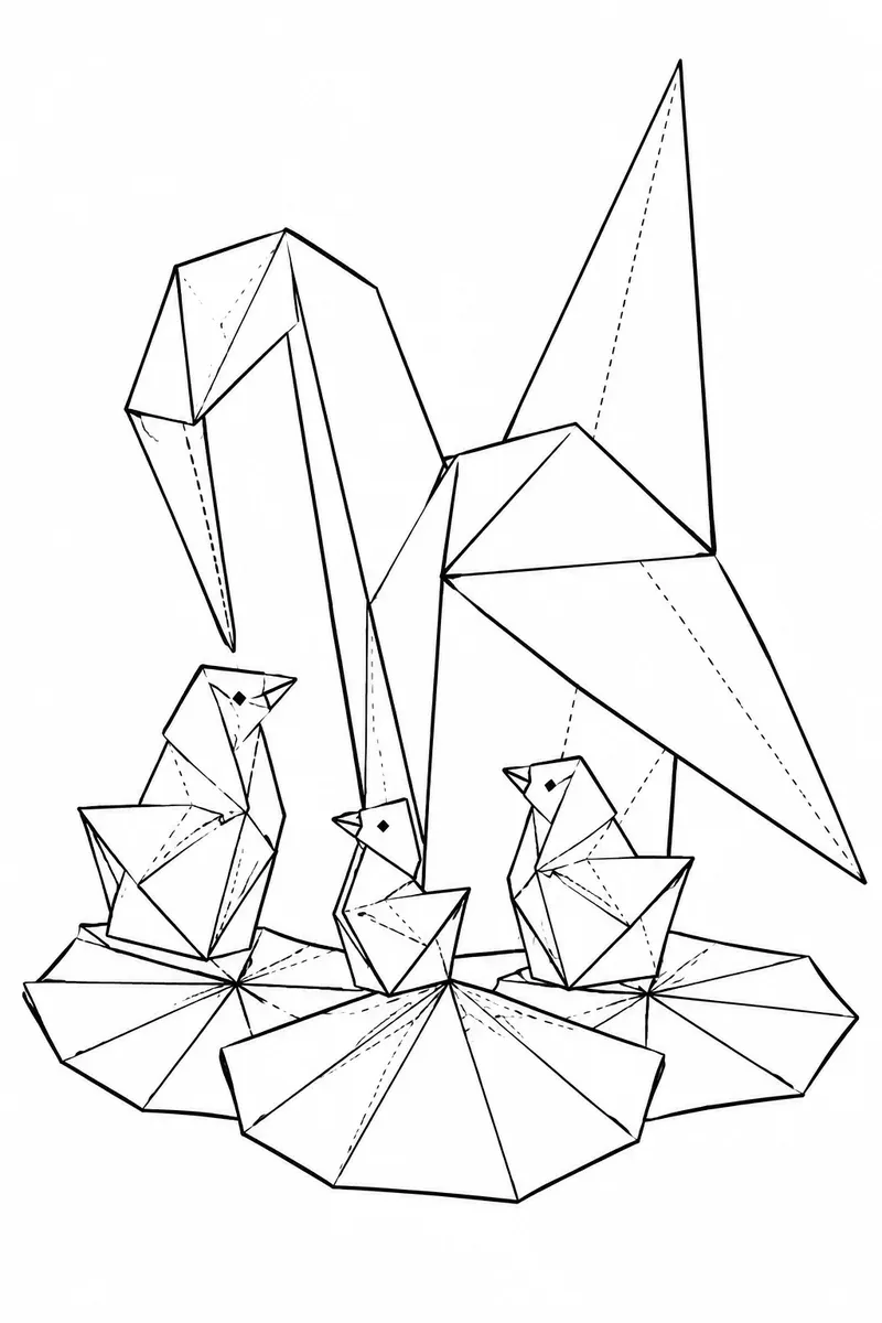 Ausmalbild im Origami-Stil: ein großer Kranich mit drei kleinen Jungen, alles aus geometrischen Faltungen