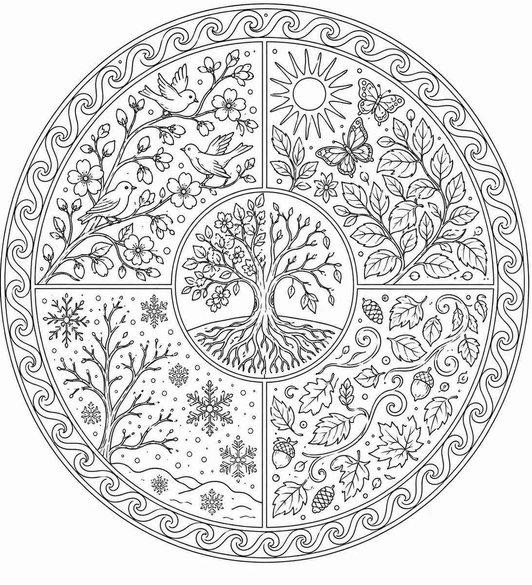 四季四区中心生命树的曼陀罗涂色画