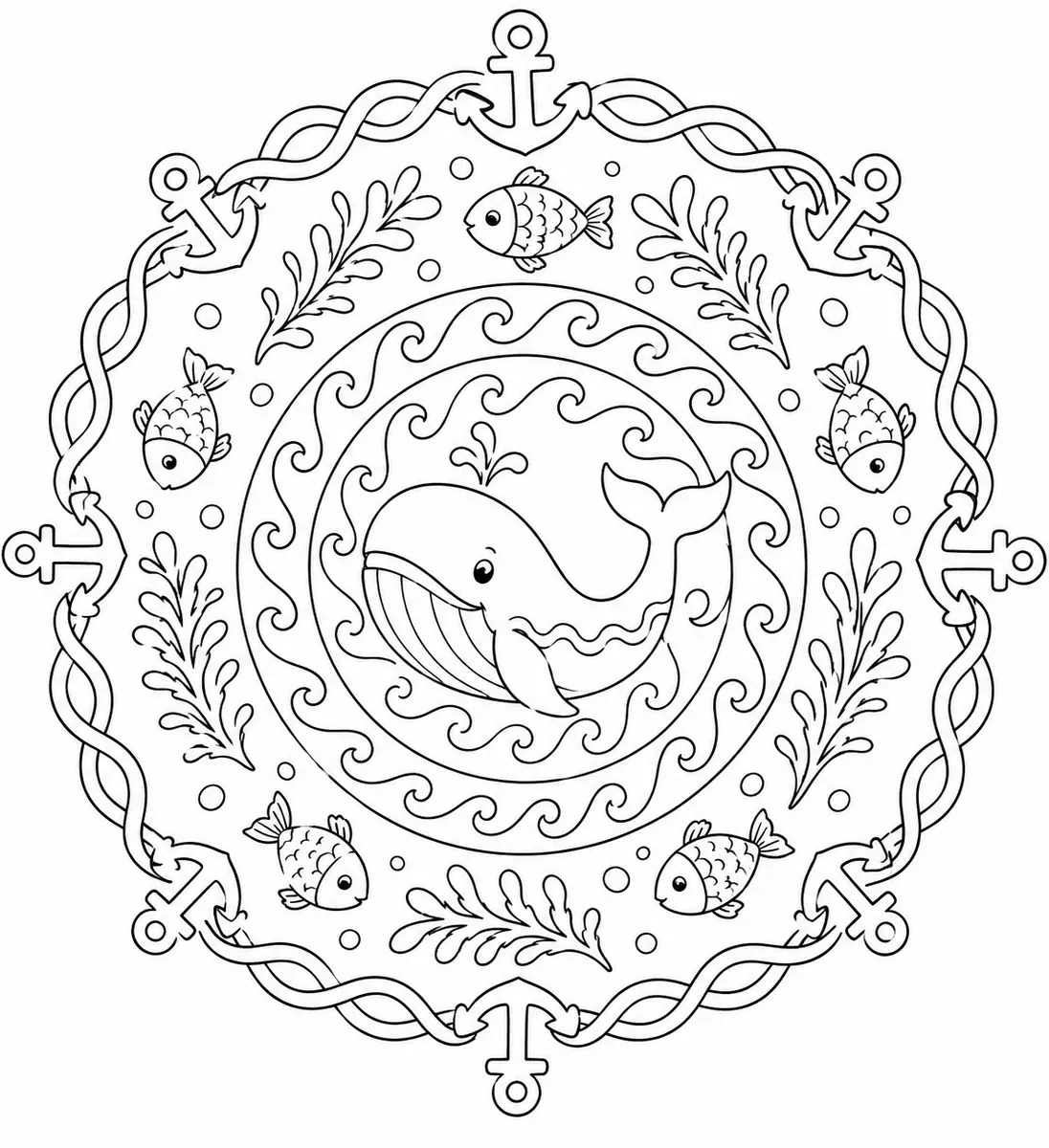 Mandala-Ausmalbild mit Wal im Zentrum, Wellen, Fischen und Ankern
