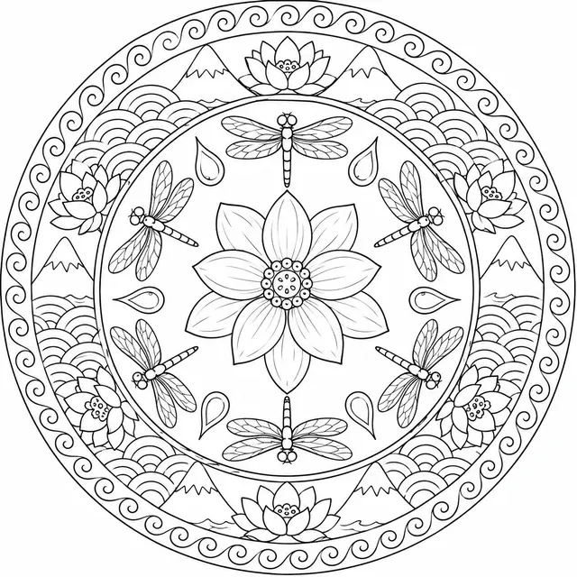 Mandala mit Libellen und Wellen