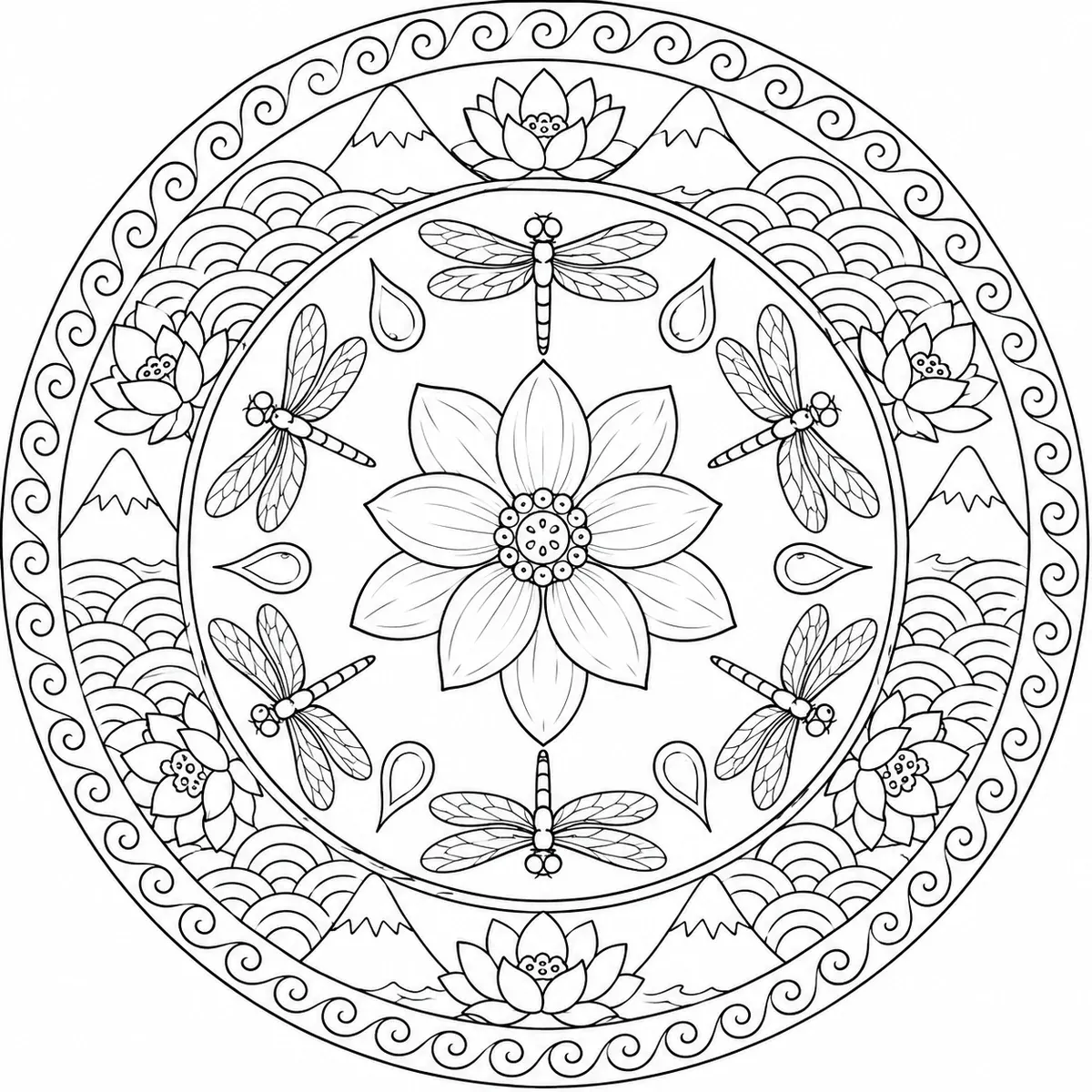 Mandala-Ausmalbild mit Libellen, Wellenmustern und Lotusblüten