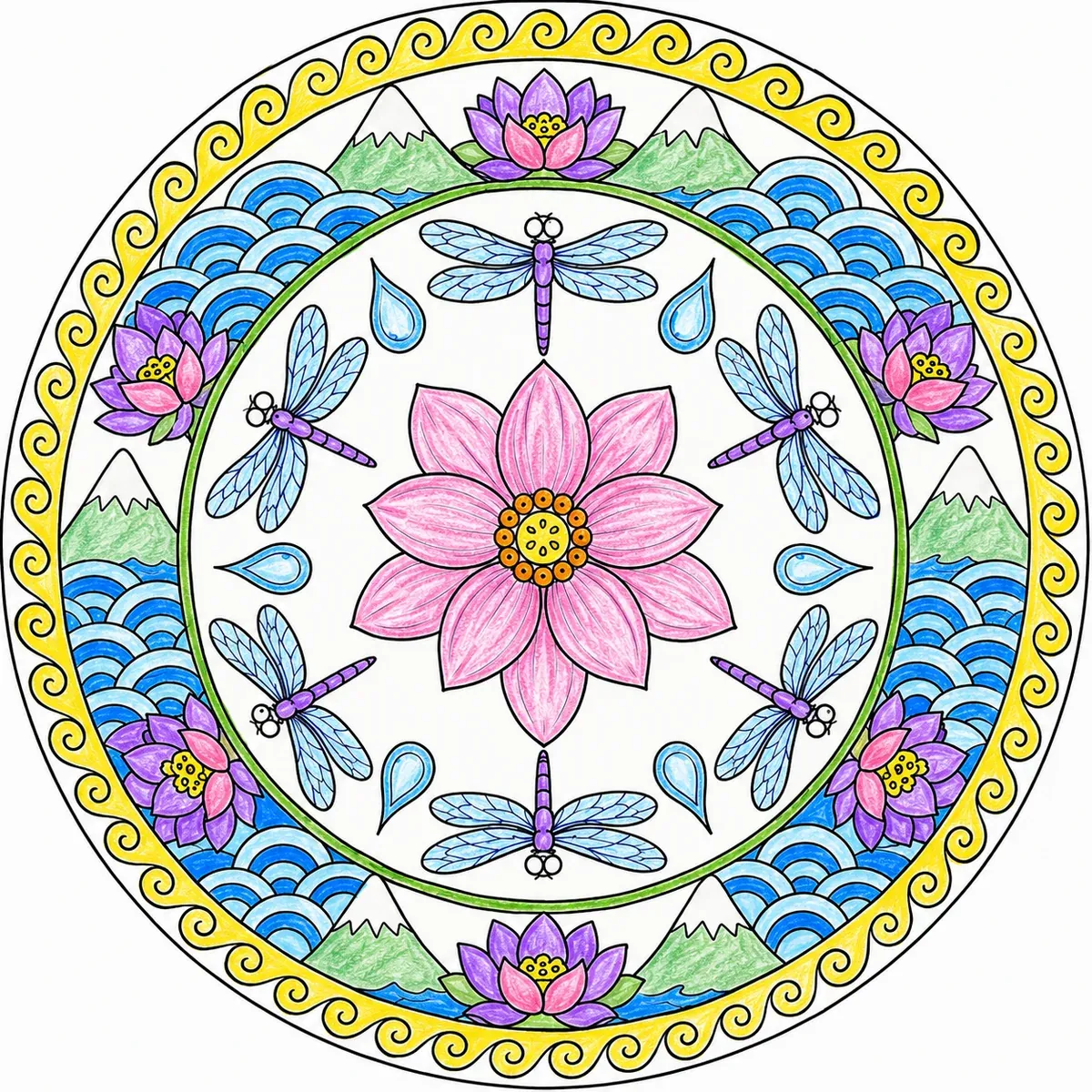 Mandala mit Libellen und Wellen