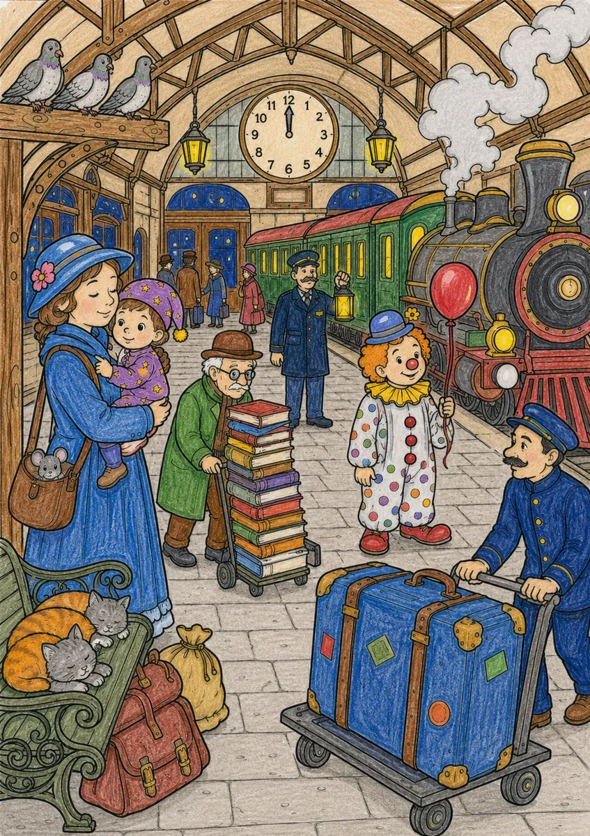 Wimmelbild — Bahnhof um Mitternacht