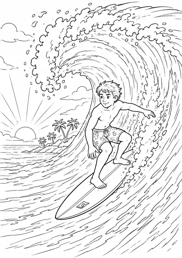 Surfer reitet eine riesige Welle in der Morgendämmerung