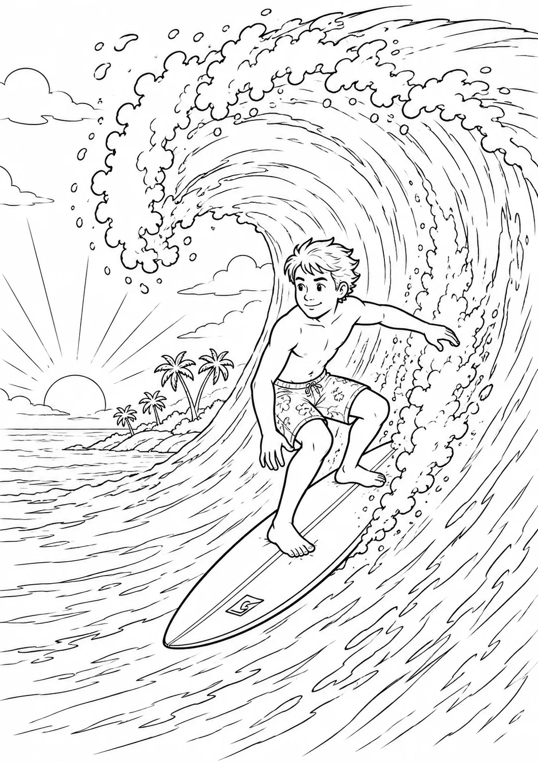 Surfer in dynamischer Pose auf riesiger Welle bei Morgendämmerung