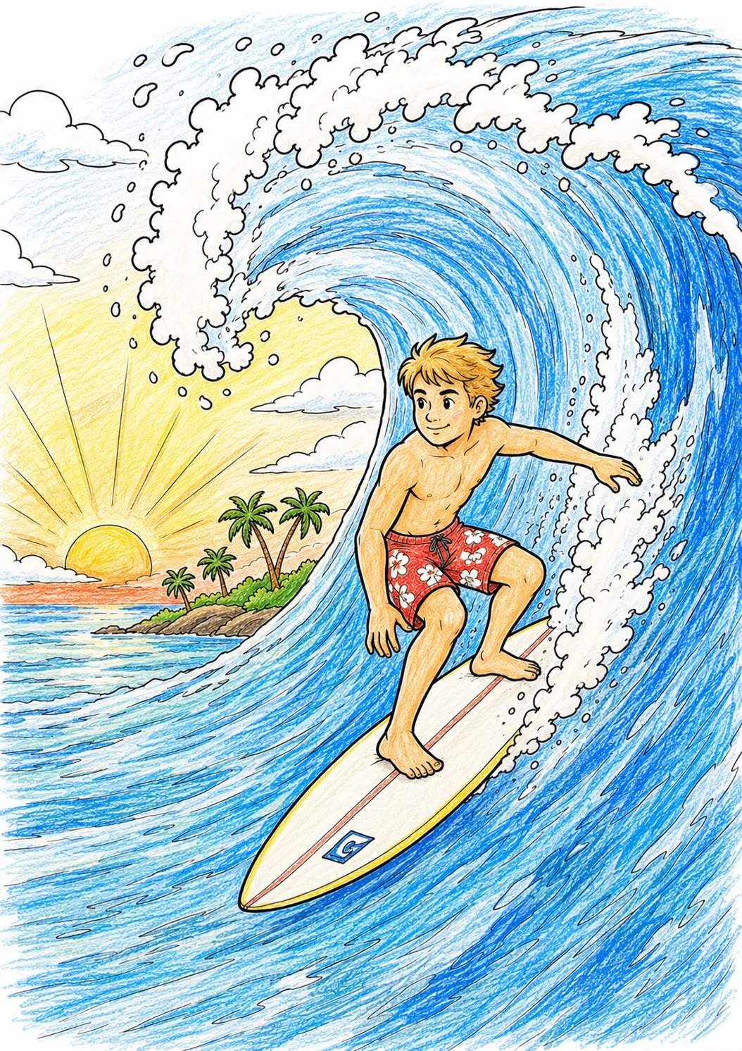 Surfer reitet eine riesige Welle in der Morgendämmerung