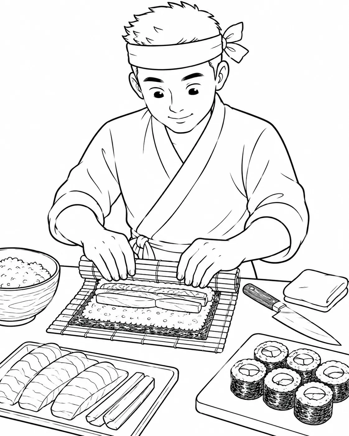 Ausmalvorlage: Sushikoch rollt Maki auf Bambus-Sushibatte