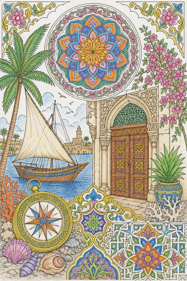 Mandala Swahili: compass star / dhow sail mast / door arch arabesque / Islamic star / kufic script