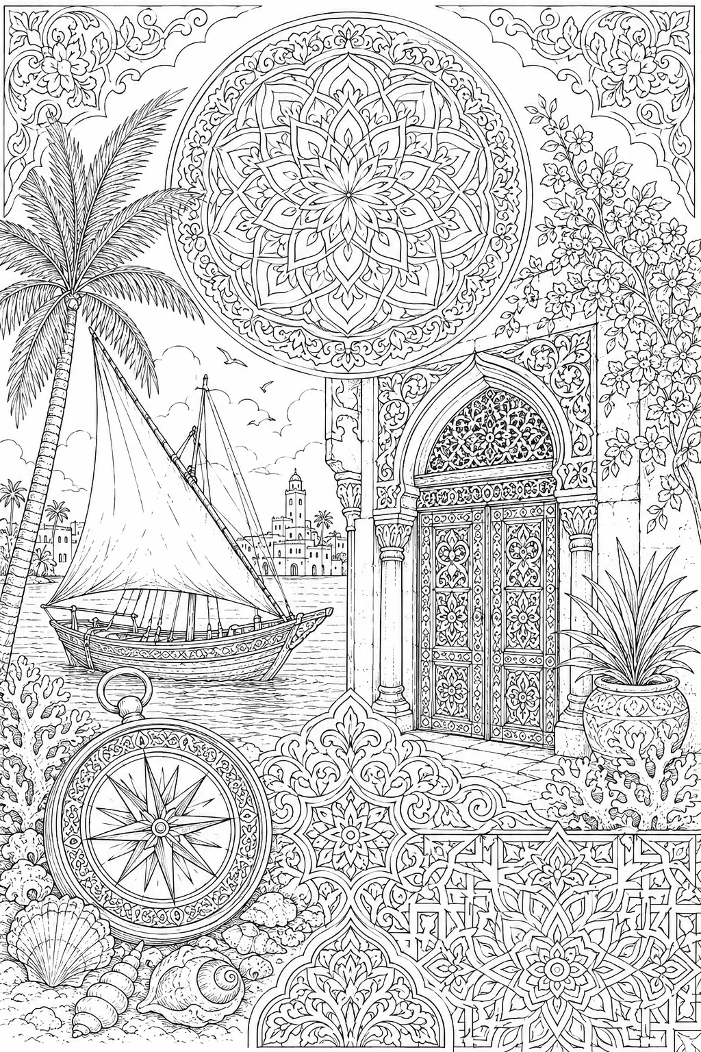 Mandala Swahili: compass star / dhow sail mast / door arch arabesque / Islamic star / kufic script