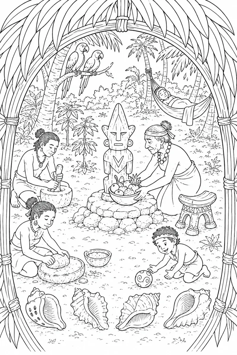 Taíno-Szene mit zemi-Figur auf Steinaltar, Ältester mit Kalebasse, Maniok-Mahlern und einem Kind beim batey-Spiel