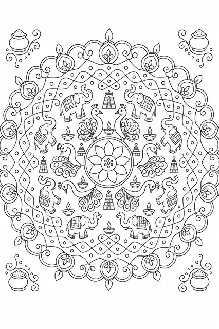 Tamil Kolam with Peacocks and Elephants