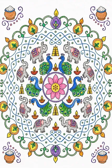 Tamil-Kolam mit Pfauen und Elefanten – So könnte es aussehen