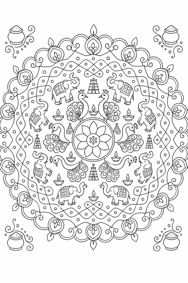 Symmetrisches Tamil-Kolam-Mandala mit acht Pfauen, acht Elefanten, Lotus-Zentrum und Mangos am Rand