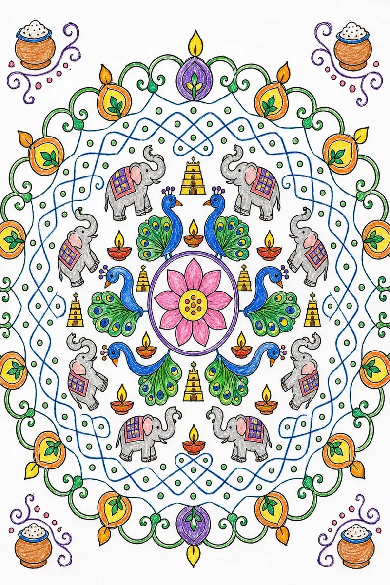 Tamil-Kolam mit Pfauen und Elefanten