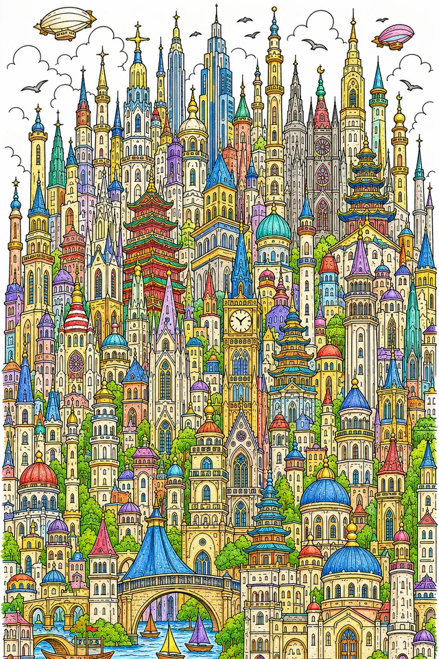 Ausmalseite einer surrealen Skyline aus hunderten von Türmen verschiedenster Kulturen und Baustile