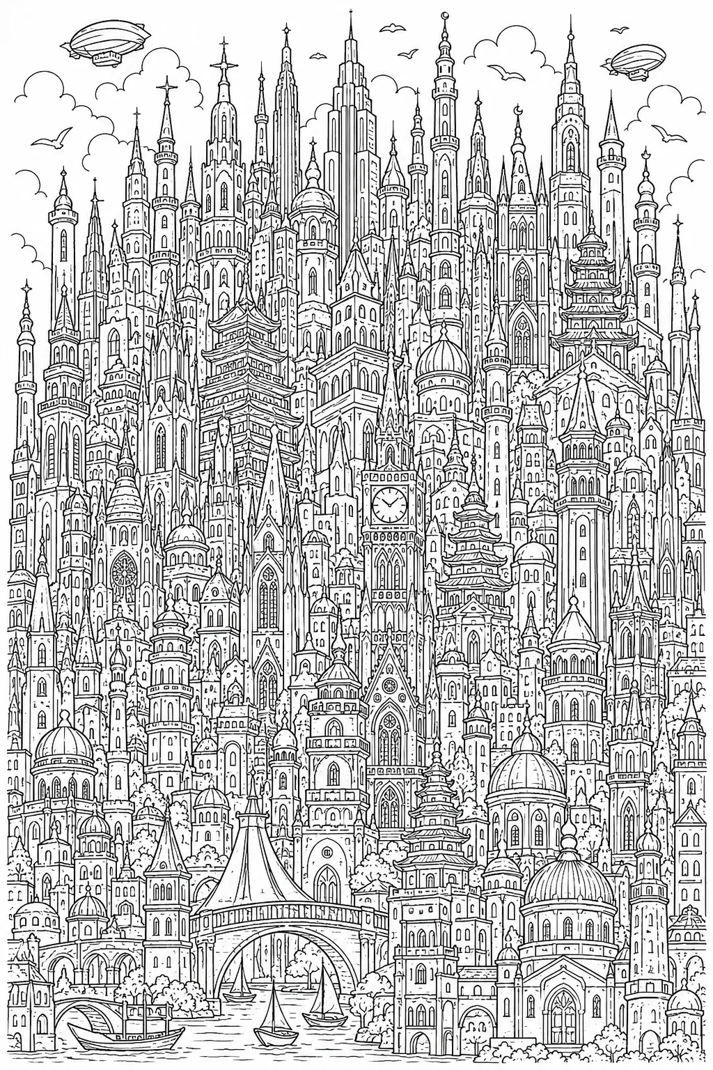 Ausmalseite einer surrealen Skyline aus hunderten von Türmen verschiedenster Kulturen und Baustile