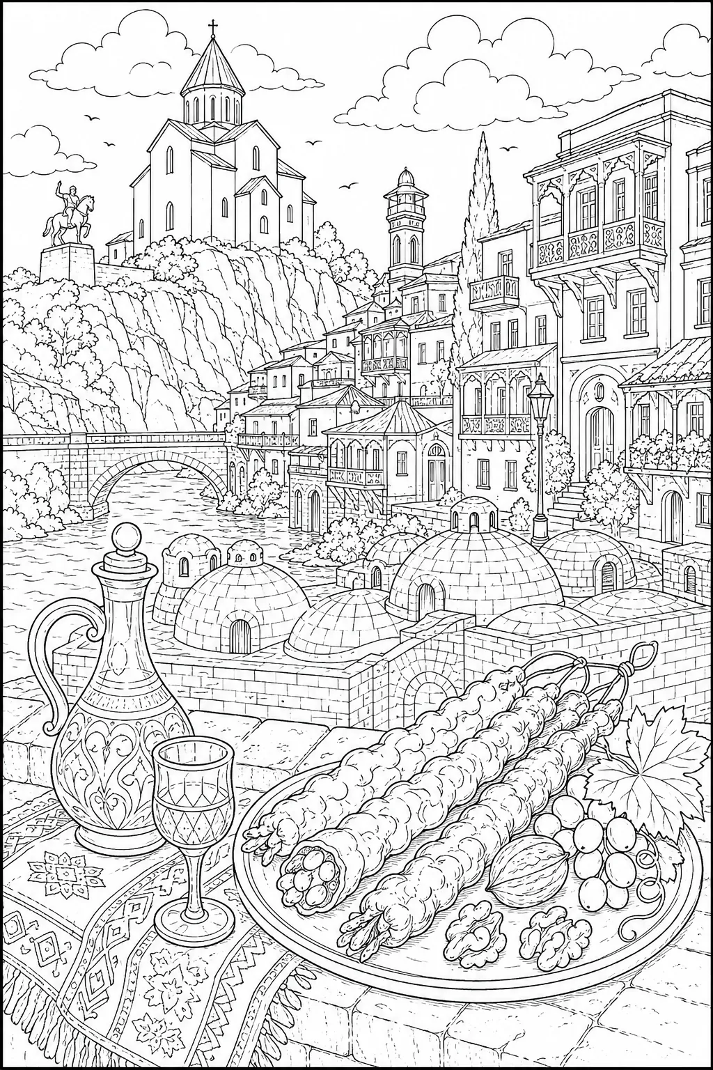 Tbilisi cozy: Metekhi dome cliff Mtkvari / Narikala ruins / Abanotubani beehive domes / wooden balcony latticework / Churchkhela walnut grape