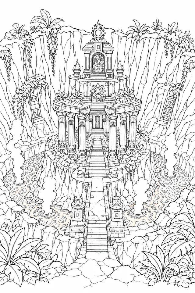 Antiker Tempel im Inneren eines Vulkankraters