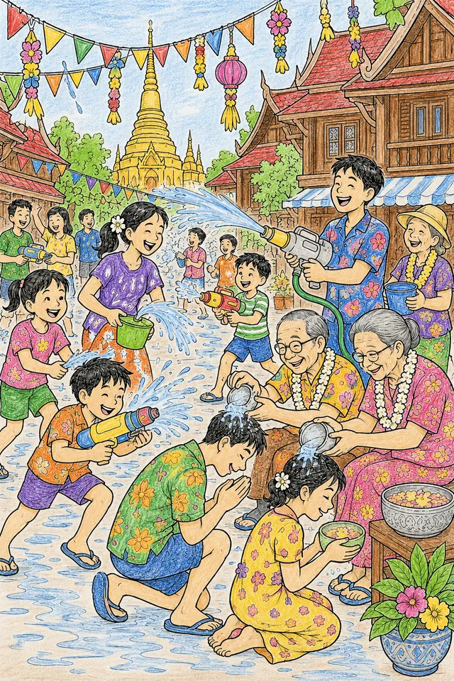 Kinder spritzen sich beim Songkran-Wasserfest in Thailand auf der Straße mit Wasserpistolen