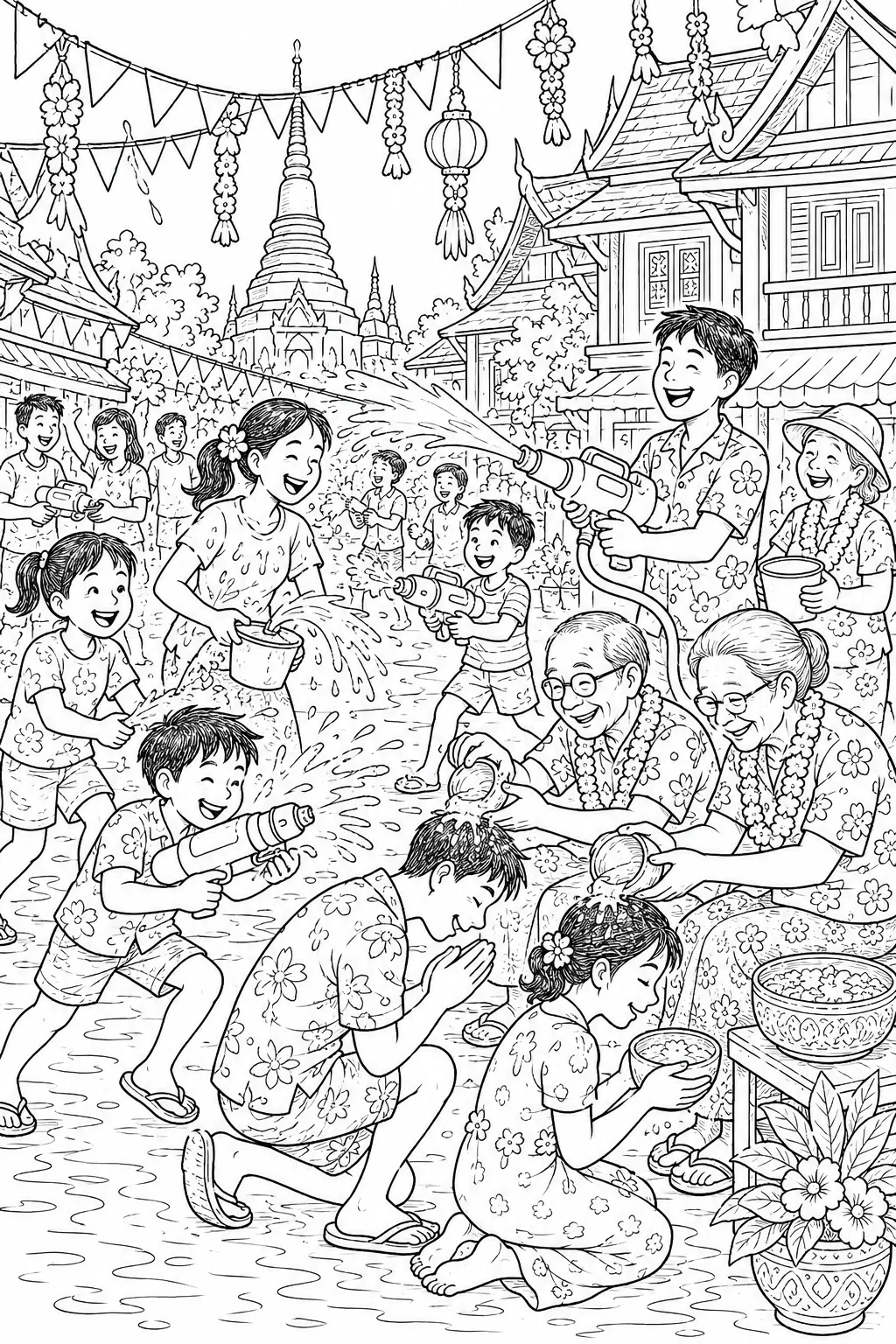 Kinder spritzen sich beim Songkran-Wasserfest in Thailand auf der Straße mit Wasserpistolen