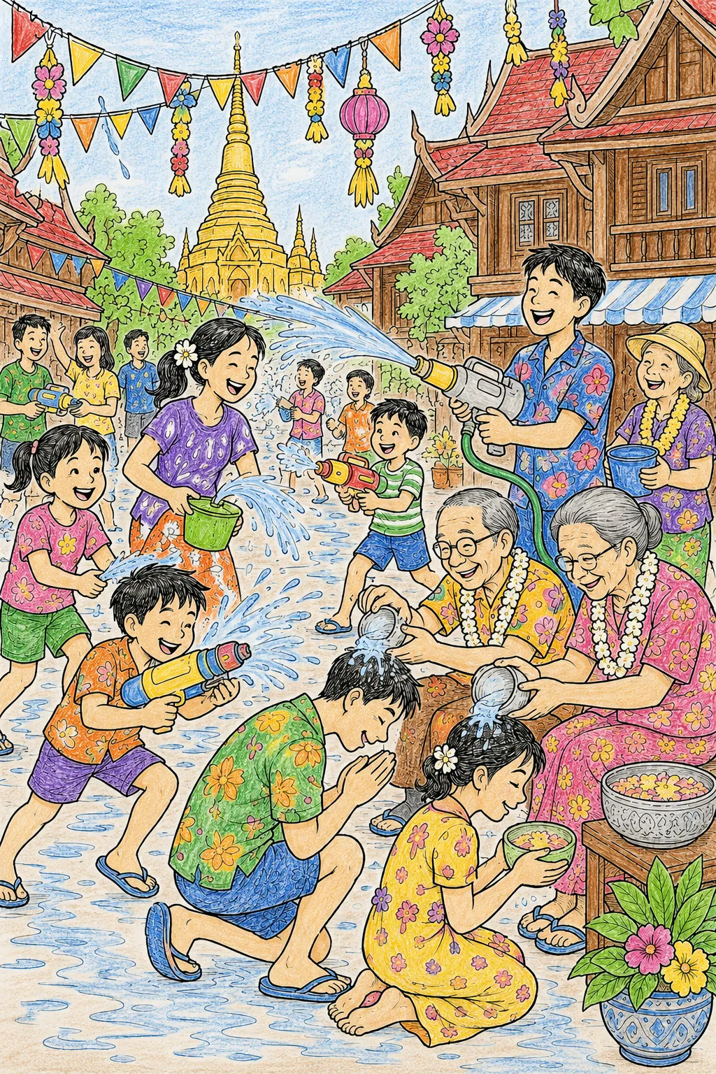 Kinder spielen ausgelassen beim Thai-Songkran-Wasserfest mit Wasserpistolen