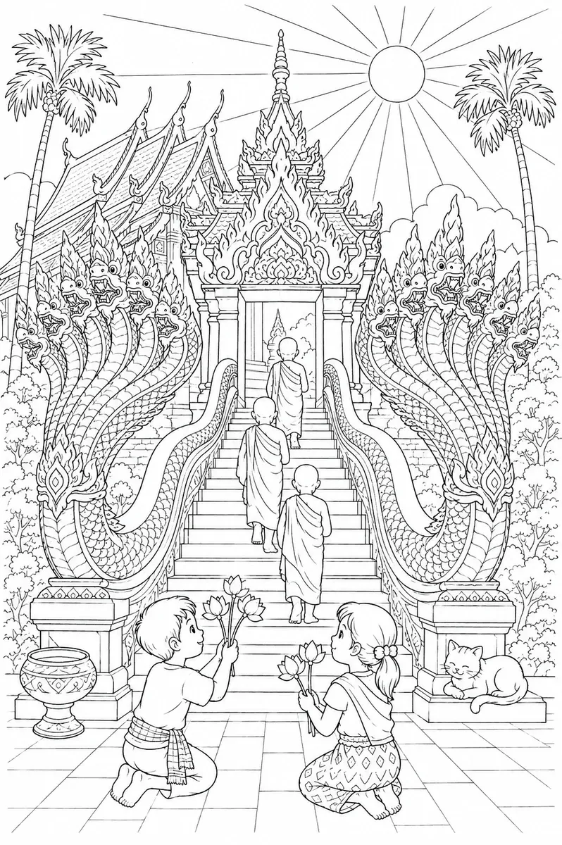 Tempeltreppe in Thailand mit zwei siebenköpfigen Nagas und aufsteigenden Mönchen