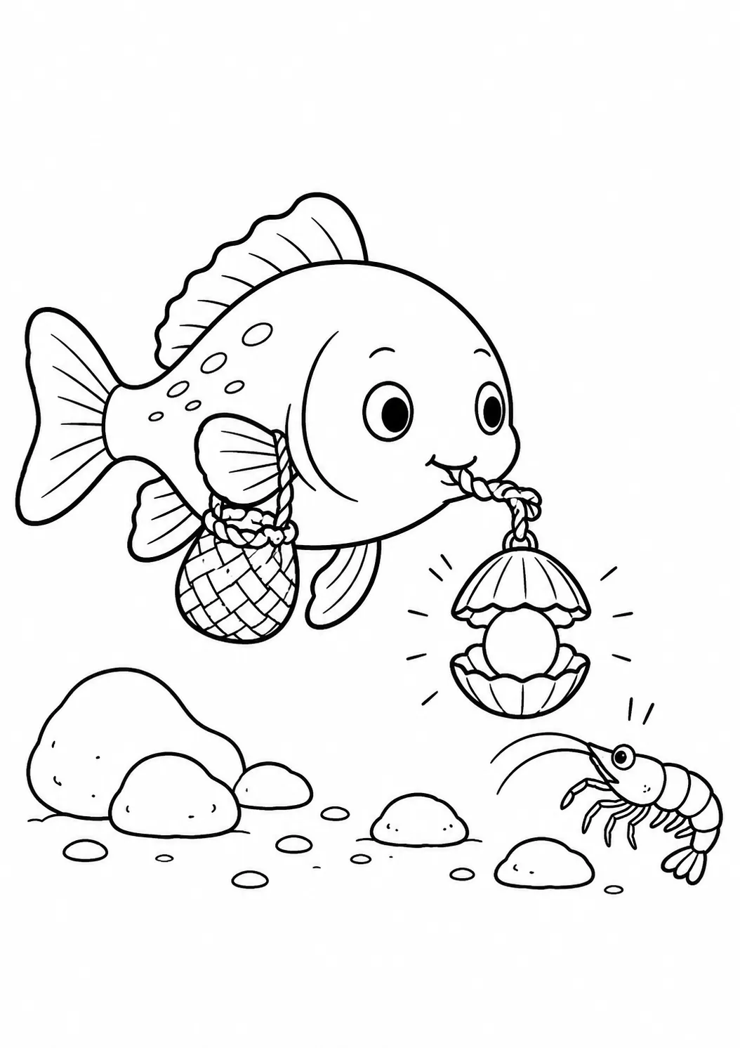 涂色页：带旅行袋和发光灯笼的小鱼在黑暗的深海中漫游