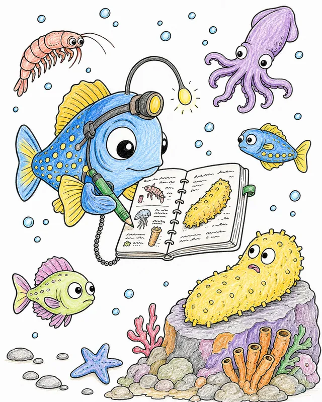 涂色页：有头灯和笔记本的深海鱼素描海底相遇