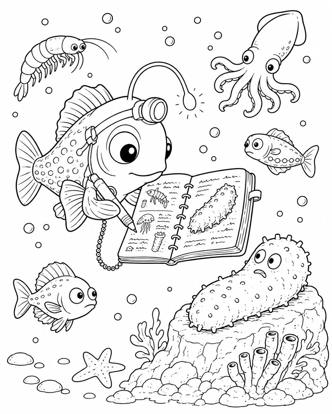 Ausmalbild: Tiefsee-Fisch mit Headlamp und Notizbuch skizziert Meeresboden-Begegnungen