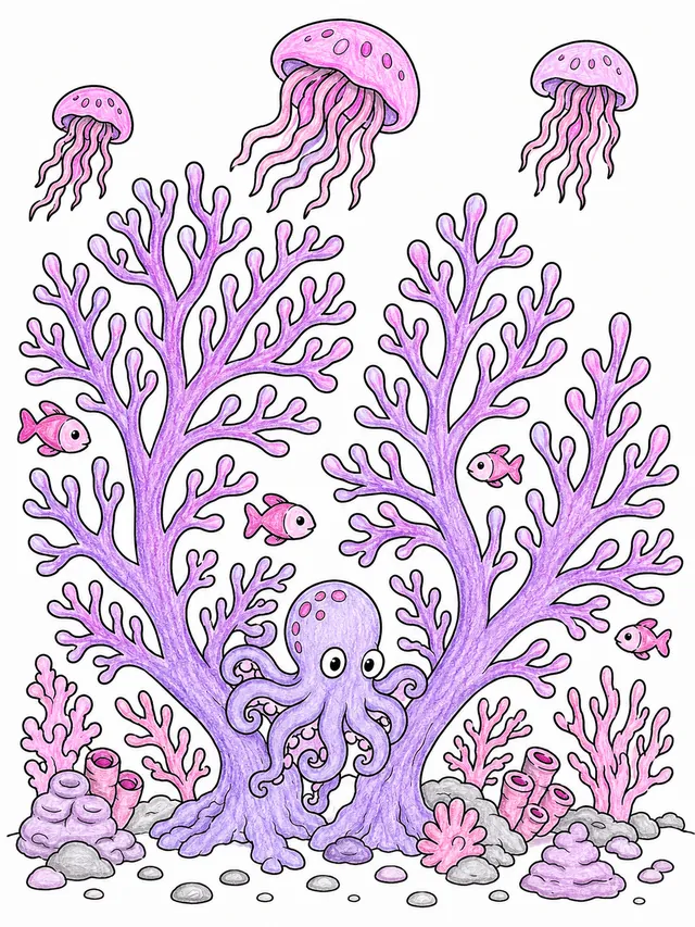 Ausmalbild: Tiefsee-Korallenwald mit violett-biolumineszenten Korallen und kleinen Fischen