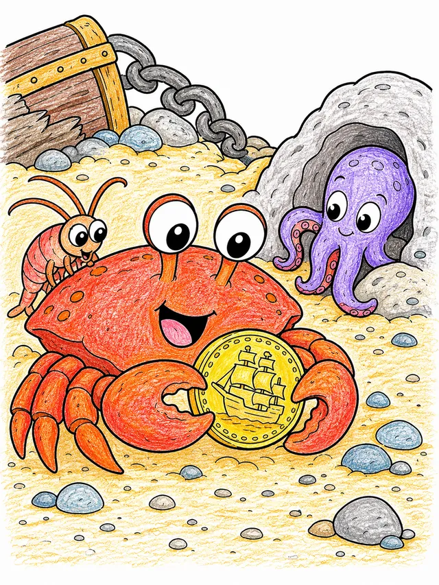 涂色页：小螃蟹惊讶地举起一枚旧金币，周围有好奇的海洋生物