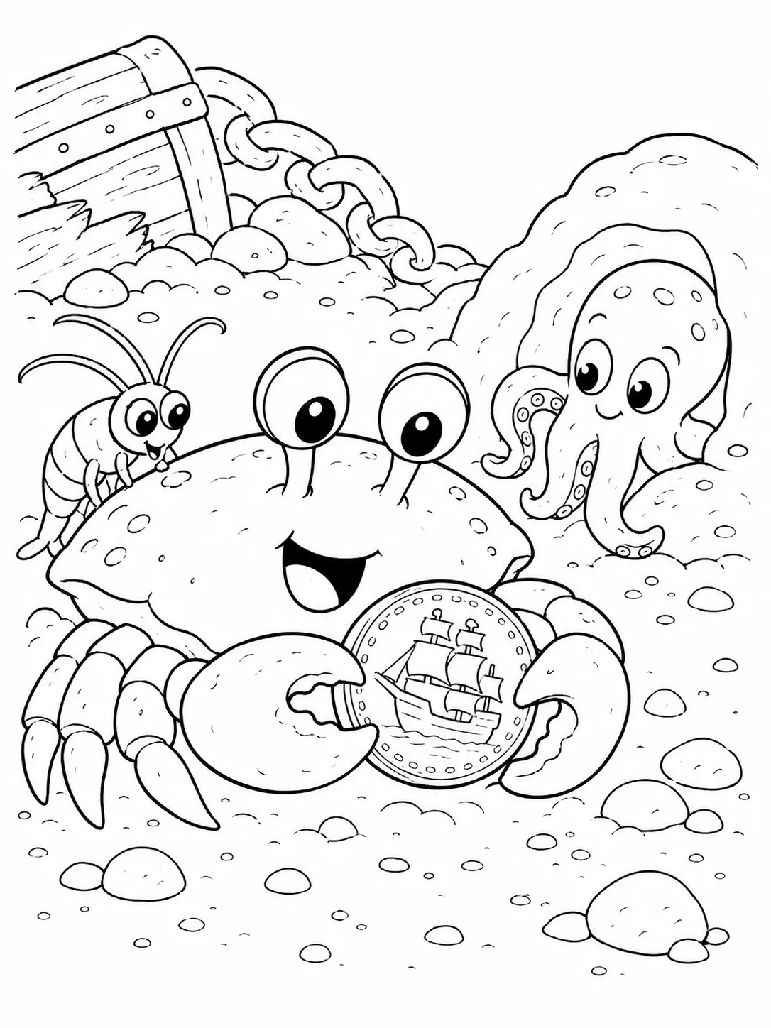 涂色页：小螃蟹惊讶地举起一枚旧金币，周围有好奇的海洋生物