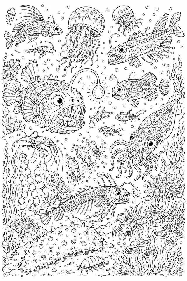 Tiefsee-Wimmelbild mit leuchtenden Tieren