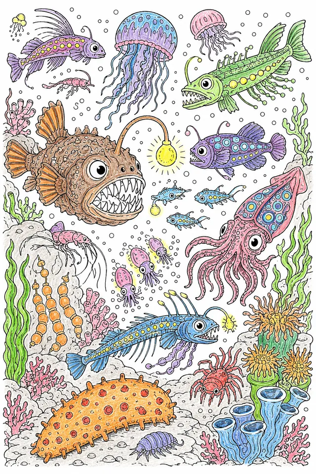 Ausmalbild: Wimmelbild der dunklen Tiefsee mit leuchtenden Tieren – Anglerfische, Quallen und Tintenfische
