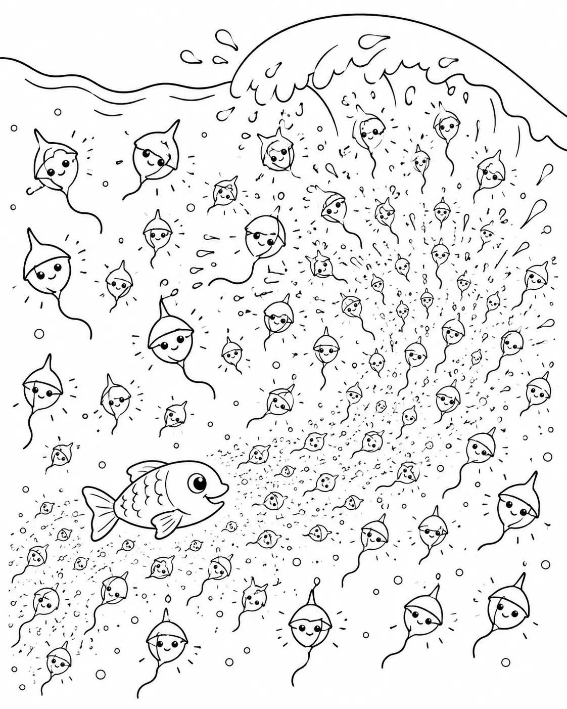 Ausmalbild: Schwarm von leuchtend-blauen Plankton-Organismen bildet einen leuchtenden Fluss im Ozean